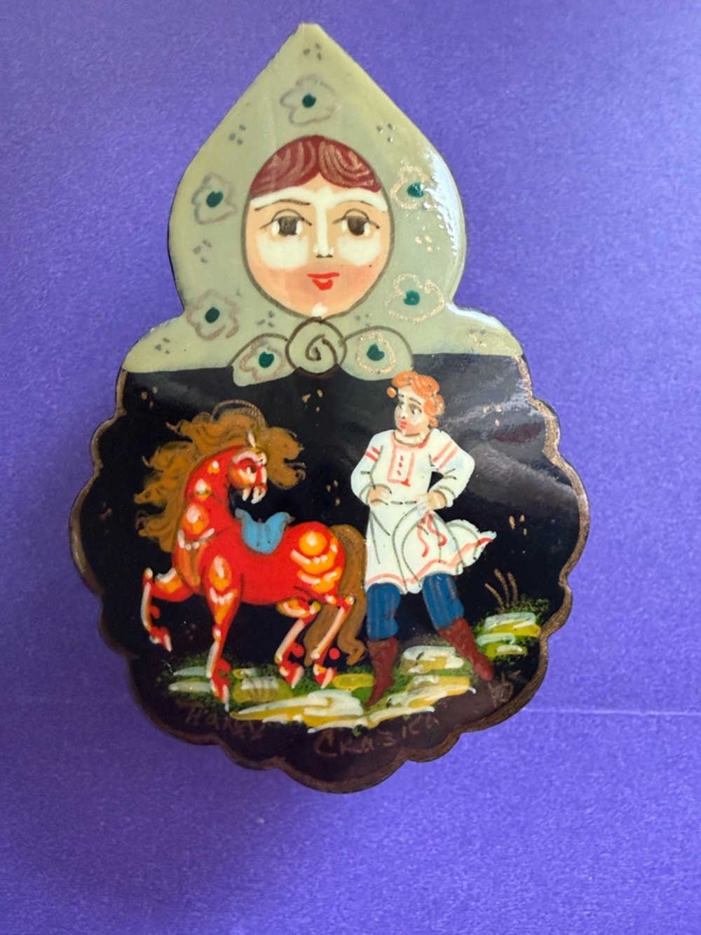 Palekh Hand-Painted Russian Lacquer-Style Wall Plaque with Red Horse